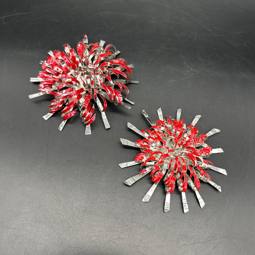 Vintage Atomic Starburst Christmas Ornaments Aluminum Handmade Set Of 2 Red